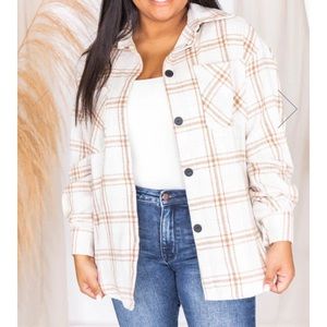 Pink Lily CHIC EDGE IVORY PLAID FLANNEL SHACKET